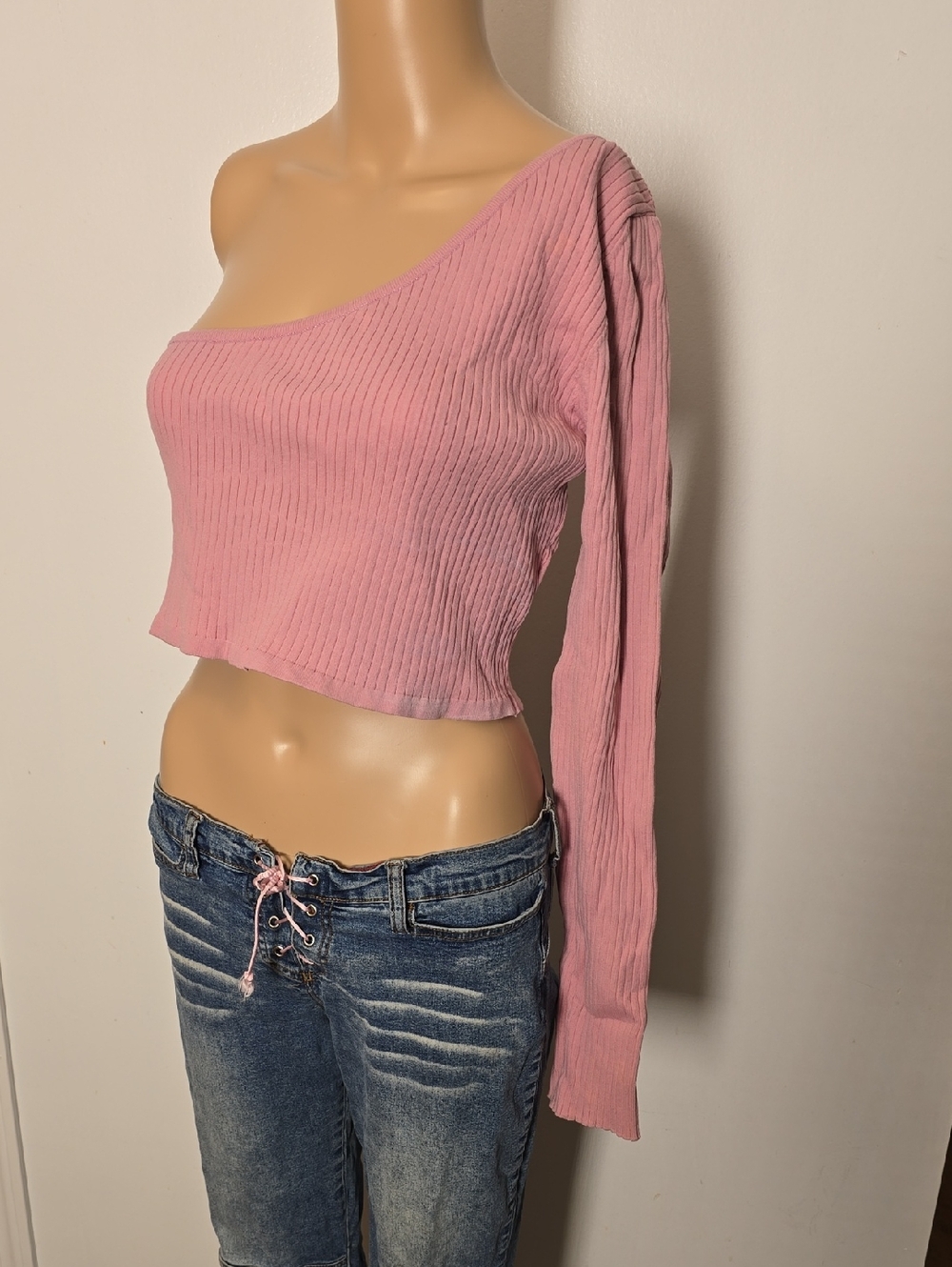 Women's One-Shoulder Ribbed Crop Top - Pink Large